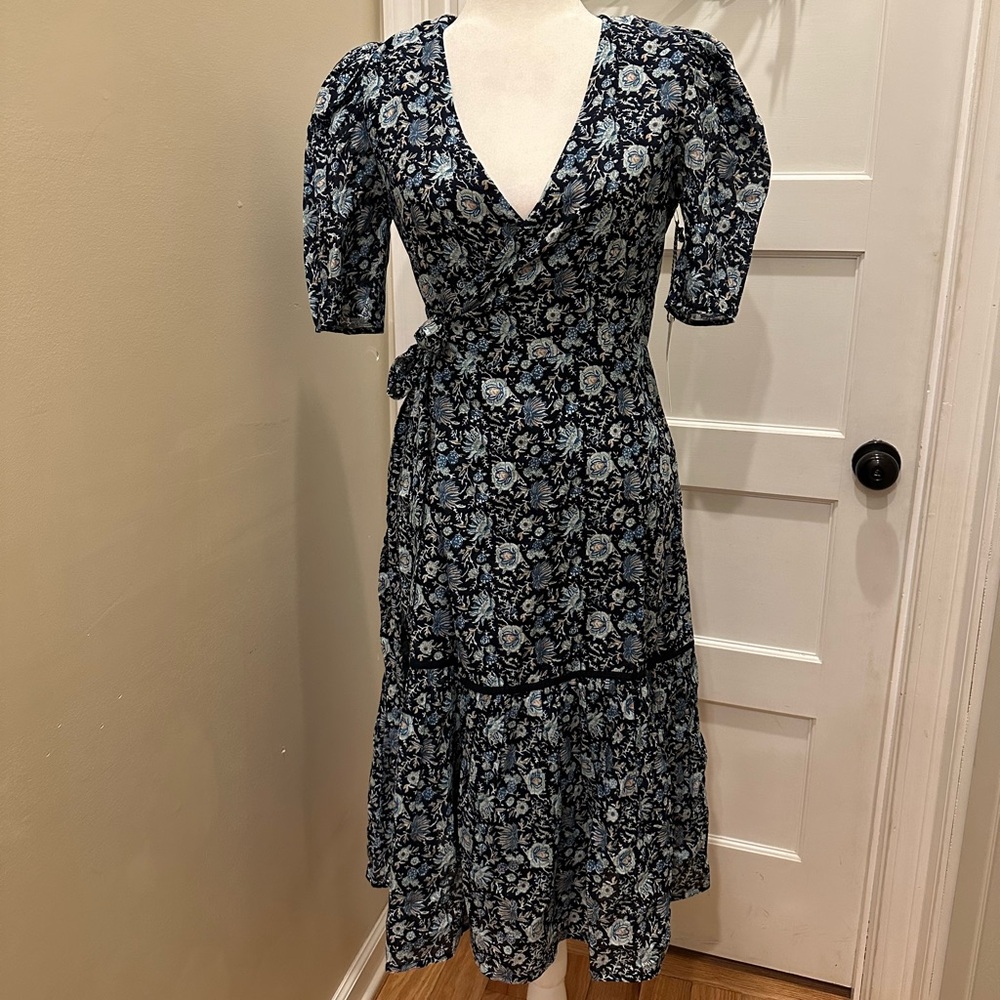 St. Roche Pearl Wrap Dress in Navy Floral Print Midi NWT